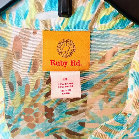 Ruby Rd. women’s long sleeve semi-sheer button top SZ 14 blue green white - Picture 3 of 9